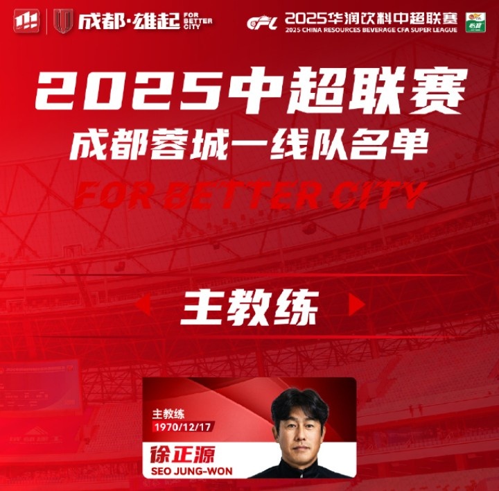  成都蓉城一線隊大名單出爐！