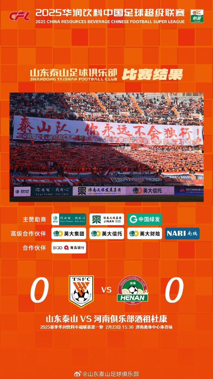  中超首戰(zhàn)，泰山隊(duì)雖未取勝，但全隊(duì)展現(xiàn)出了頑強(qiáng)的拼搏精神