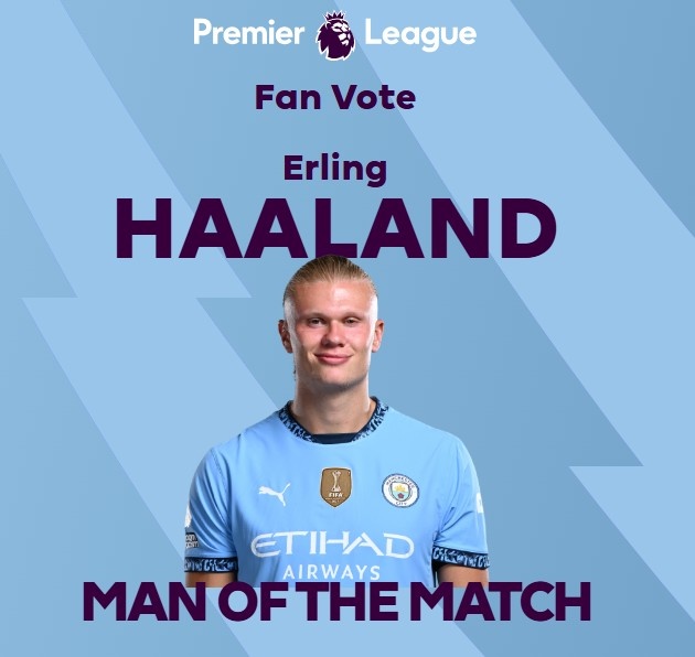  打進致勝球！英超官方：哈蘭德當選曼城1-0熱刺全場最佳球員